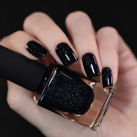 ILNP Party Bus - Black Rainbow Flake Holographic Shimmer Nail Polish, Chip Resistant, 7-Free, Non-Toxic, Vegan, Cruelty Free, 12ml