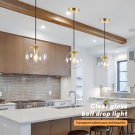 KoKo&Yukina 8 Inch Globe Pendant Lighting for Kitchen Island Mid Century Modern Hanging Light Fixture with Clear Globe Glass Gold Brass Hanging Ceiling Lights for Sink Bathroom Entryway (Bulb Incl.)