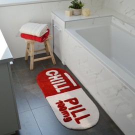 Mooky Mats Chill Pill Long Bath Mat Runner Non Slip 46 x 115cm – Super Soft, Absorbent & Quick Drying Large Bathroom Rug (Red/Cream)