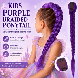 26 Inch Long Purple Braid Hair, Pre Stretched Braiding Hair, Purple Hair Extensions for Braids Easy Clip in Ponytail for Cosplay Halloween