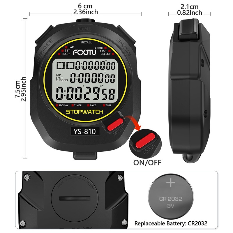 FCXJTU Sports Stopwatch Timer, 10Lap/Split Memory Digital Stop Watch Black