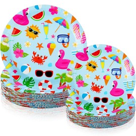 Havawish 60 Pcs Summer Party Paper Plates Disposable Round Paper Plates Dessert Party Plates for Summer Spring Hawaiian Birthday Party Decoration, 7 Inch and 9 Inch(Pool Party Theme)