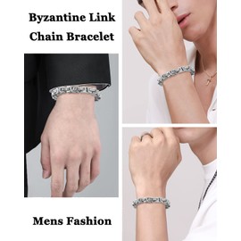 QianSiLi Mens Bracelets Silver 316L Stainless Steel Bracelet for Men Boys Chunky Byzantine Chain Bracelets for Biker Hip Hop Rapper