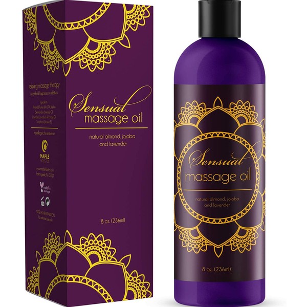 Sensual Massage Oil with Relaxing Lavender Almond Oil and Jojoba for Men and Women – 100% Natural Hypoallergenic Skin Therapy with No Artificial or Added Ingredients - Made by Maple Holistics