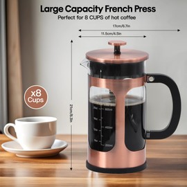 Panana 34 Ounce 1 Liter French Press Coffee Maker, Heat Resistant Borosilicate Glass Coffee Press, Cold Brew Coffee Pot Tea Press for Kitchen, Stainless Steel (Copper)
