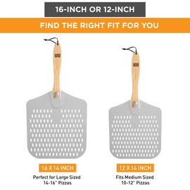 OUII Perforated Pizza Peel - 16 x 14-inch Aluminum Spatula Paddle for Extra Large Pizzas. Foldable Wood Handle for Easy Storage, Pizza Oven Accessories. Premium Tool for Baking Homemade Pizza Pies.
