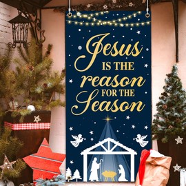 Jesus is The Reason for The Season Door Cover, Christmas Jesus Religious Door Cover, Xmas Holy Night Door Backdrop Christian Hanging Door Banner Decorations for Christmas Party