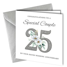25th Wedding Silver Anniversary Card, Unique Design, 'To a Special Couple' Congratulations Blank Inside Metalic Silver Envelope 400gsm Thick Card #1873