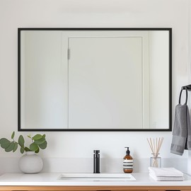 Antok Bathroom Mirror, 48"x32" Wall Mirror, Decorative Mirrors Vanity Mirror Aluminum Alloy Frame Contemporary Rectangular Hanging Mirror for Living Room Bathroom Entryway,Black,Rect Corner