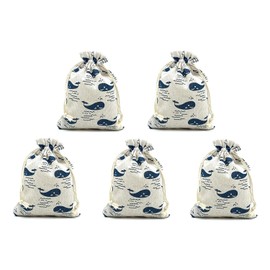 5 pcs Printed Cotton Burlap Favor Gift Bags, Linen Jewelry Pouches with Drawstring for Gifts Jewelry and Storage (Whale)