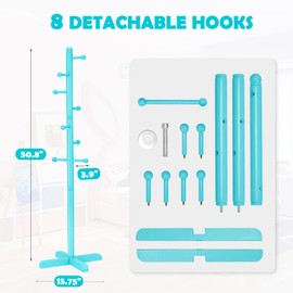 Azaeahom Cross Coat Rack Freestanding Clothing Hanger Home Racks, Wooden Coat Tree Stand with 8 Hooks 2 Adjustable Height, Easy Assembly in Entryway, Room for Hat, Umbrella etc (Blue)