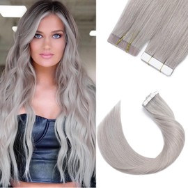Silk-co Tape-In Real Hair Extensions, Pack of 20, Lightweight Version Tape Extensions, Real Hair, Remy Hair Extensions, Tape-In Hair Extensions, Glue Skin Weft, 30 g, Grey # Grey, 45 cm