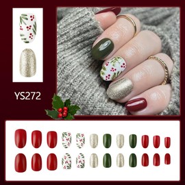 Christmas Press on Nails Short Fake Nails Xmas Glue on Nails with Cute Holly Designs Oval False Nails Red Green Glitter Acrylic Nails Full Cover Christmas Nail Decoration for Women Girls, 24pcs