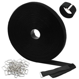 WINKIO 10m Klettband mit 50 Metallschnalle, Freie Schnittlänge Klettbänder-2cm Breit, Wiederverschließbar Klettverschluss Kabelbinder für Organisieren Kabel Schnüre Schläuche(Schwarz)