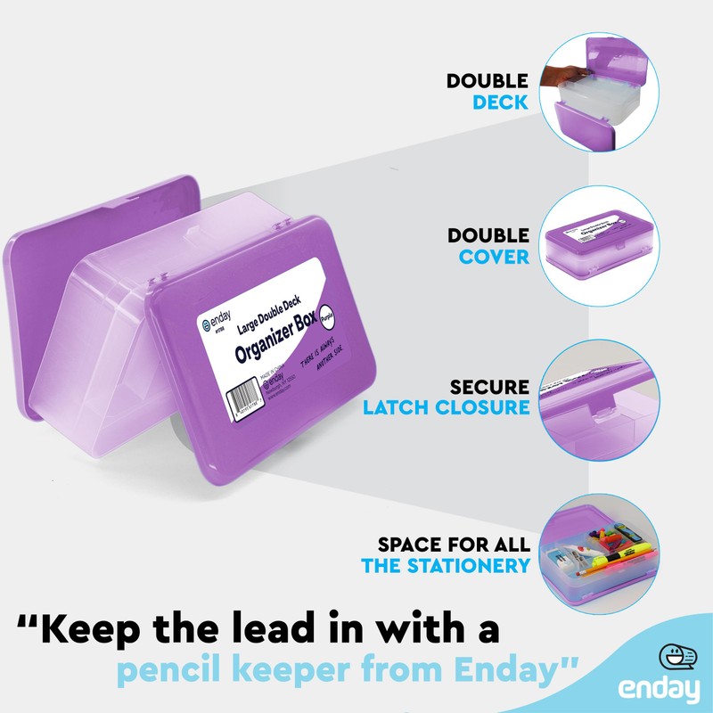 Enday Large Capacity Double Deck Pencil Box - Purple Plastic