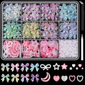 600 Pcs 3D Nail Charms and Flatback Pearls Set 11, 8 Colors Shiny Nail Bows Charm + Pink&White Star Heart Moon Nail Jewels + 2-4mm White Nail Pearls for Nail Art DIY Decoration with Pickup Tools