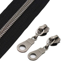 YaHoGa 9 m silver endless zipper, sold by the metre, black, 5 mm spiral, 20 non-lock zippers.