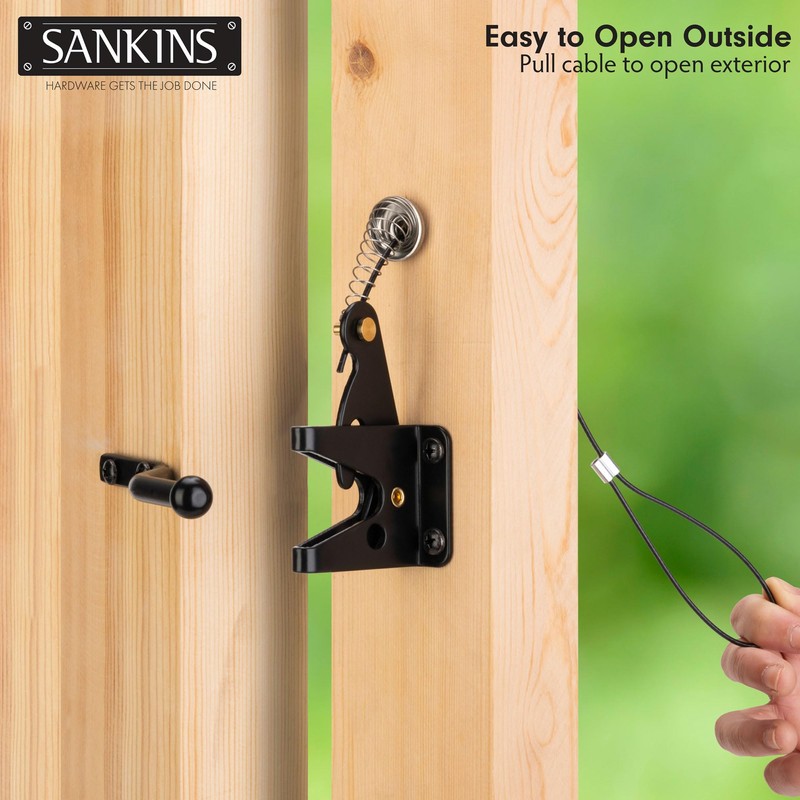 SANKINS Self-Locking Gate Latch with Spring Cable Pull for Wooden