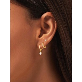 Feskive Gold Hoop Earrings Set for Women ，Dainty 14K Real Gold Plated Cubic Zirconia Cute Stud Earrings Hypoallergenic Small Hoop Earrings Dangle Cartilage Huggie Earrings Gold Jewelry for Women