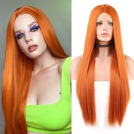 PORSMEER Long Wigs for Women Gils Natural Silky Straight Synthetic Hair Wig Heat Resistant Fibers Copper Red Wig for Cosplay or Daily Wear (Orange)