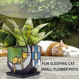Entlityful Tiffany Stained Glass Fun Moon Sleeping Cat Planter，Orange Sleeping Cat Cactus Planter，Cute Planters for Indoor Plants,Decorative Flower Pots As Gifts for Cat Lovers，4.6x5.15x2.3 in