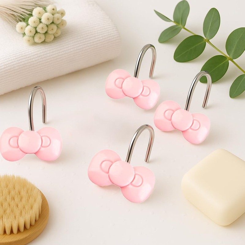 YOINIUEM Pink Bow Shower Curtain Hooks Set of 12, Cute
