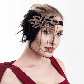 Anglacesmade 1920s Flapper Feather Headband Black Feather Roaring 20s Headpiece Prom Party Festival Gatsby Hair Jewelry for Women and Girls (Black B)