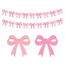 2pcs Pink Bow Garland Banners, Pre-Strung Bow Banner Bow Garland Bow Decorations Bow Party Decorations for Birthday Party Bachelor Party Baby Shower Party
