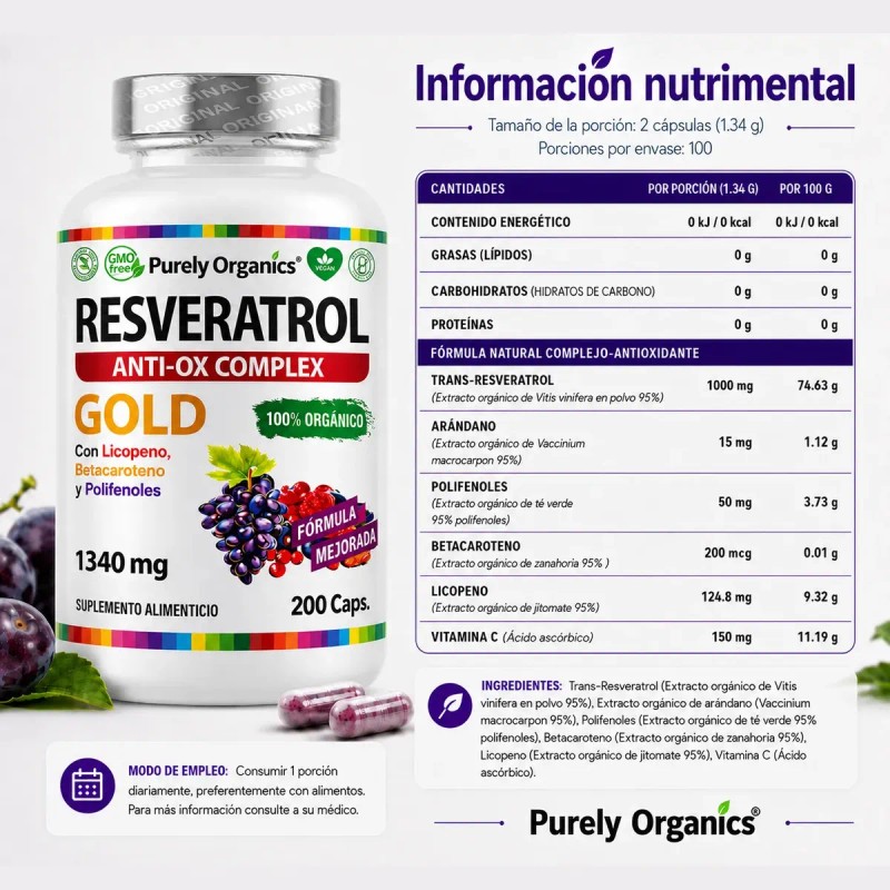 Resveratrol Gold 200 Cápsulas Suplemento Antioxidante Transresveratrol Complejo Antioxidantes Polifenoles