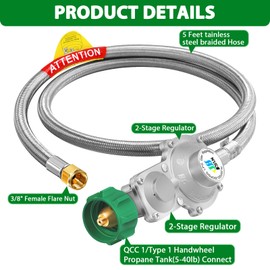 GGC 5FT Two Stage Propane Regulator with Stainless Braided Hose, Dual Stage Propane Hose with QCC1/Type1 Connector for Gas Grills RV Appliance Generator