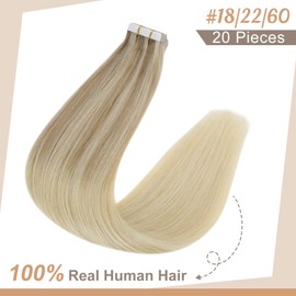 Fshine Balayage Extensions, Real Hair Tape-In Extensions, Blonde Ombre Ash Blonde with Medium Blonde and Platinum Blonde, Seamless Tape-in Extensions, Blonde Balayage, 50 cm, 20 inch/ 50.8 cm, 50 g 20 Pieces, for Women