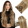 Elailite Real Hair Clip-In Extensions, #18P613, Ash Blonde Mix Light Blonde, 5 Wefts, Remy Hair Extensions with 12 Clips, 40 cm, 60 g, Straight Hairpieces