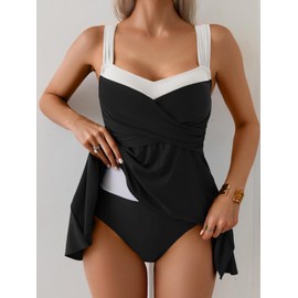 Aidonger One Piece Swim Dress for Women Tummy Control Swimsuits Cross Front Wide Straps Swimdress Bathing Suit, Black White, XX-Large