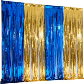 Parxara 4-Pack Blue Gold Foil Fringe Curtain,Party Decoration Streamer