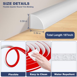 Storystore Flexible Quarter Round Molding 0.5x157in,Peel and Stick Rubber Quarter Round Trim,Self Adhesive Rubber Trim Molding for Wall Edge Corner, Cabinet Edge, Countertop