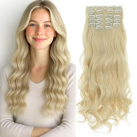 Benehair 22" Clip in Hair Extensions 12 Pcs Long Curly Wave Hair Extensions Clip in Full Head Synthetic Fiber Platinum Blonde Hair Piece for Women Girls(Platinum Blonde, 180g)