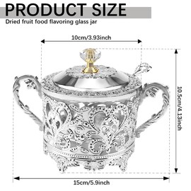 Glass Sugar Bowl with Lid and Spoon Vintage Kitchen Food Canister Condiment Pot Storage Jar Seasoning Containers for Home Restaurant Kitchen（Silver）