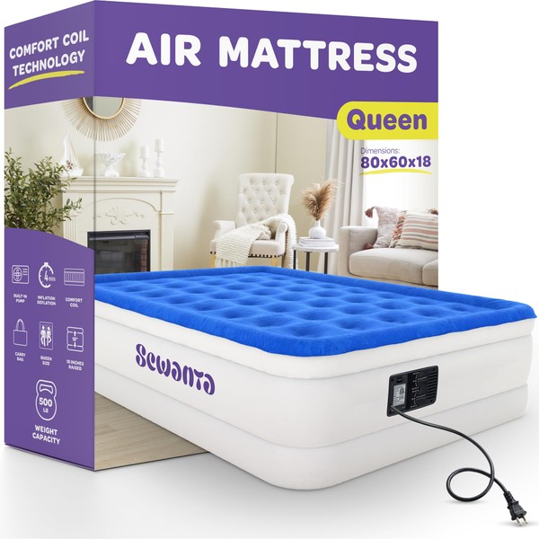 Air Mattress Queen Size, Luxury Air Mattress with Built in Pump, Plush Elevated with Comfort Coil Beam Technology - 18" Height Inflatable Mattress, Portable for Home/Camping/Guests (300Lb. Capacity)