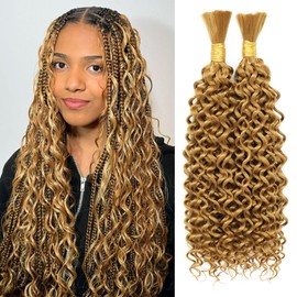 Honey Blonde Braiding Hair 18 Inch 2 Bundles Water Wave Boho Hair for Braiding Crochet Hair for Women Deep Wave 27# Braiding Hair for Boho Braids No Weft Wet and Wavy Braiding Hair Extensions