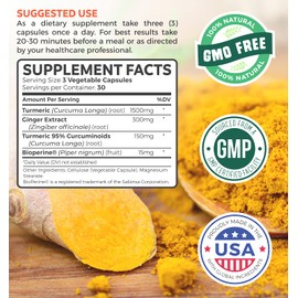 Turmeric and Ginger Supplement (Non-GMO) 1980mg Serving - Turmeric Curcumin with Black Pepper Bioperine, Ginger Extract, and 95% Curcuminoids Powder - Tumeric Joint Support Supplement - 90 Capsules