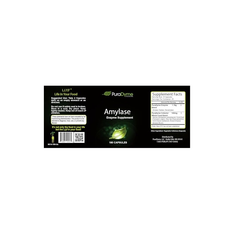 PuraDyme Amylase, 180 Capsules