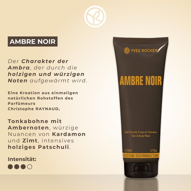 Yves Rocher AMBRE NOIR Shower Shampoo for Men, Sensual Elegant,