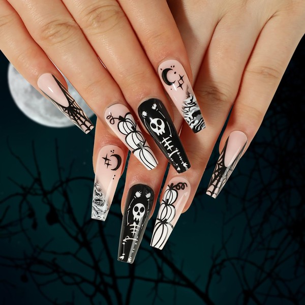 Halloween Press on Nails Long Coffin Fake Nails with White