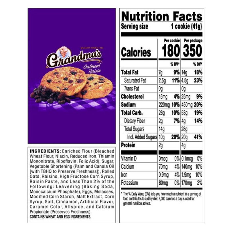Grandma's Cookies Oatmeal Raisin Flavored 4 Packs 2 per pack