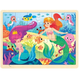 MingTa 24 Piece Puzzle for 3 Year Old, Little Mermaid Wooden Jigsaw Puzzles for Kids Ages 3-5 with Unique Puzzle Pieces, Educational Toddler Puzzles Ages 2-4 with Storage Tray