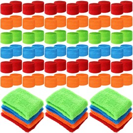 Leyndo 72 Pcs Wrist Sweatbands Bulk for Kids Field Day Cotton Terry Sweat Bands Sports Fan Wristbands Kids for Summer Camp Student Football Team Competition Party (Cyan, Sapphire Blue, Red, Orange)