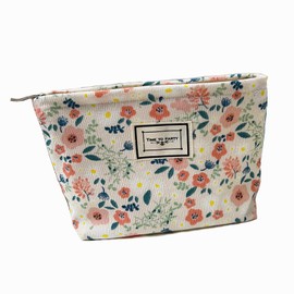Flower Fabric Makeup Bag for Purse, Vintage Corduroy Cosmetic Pouch Bag, Portable Travel Handbag for Women Girls (Beige flowers)