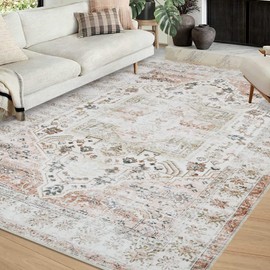 COZYLOOM Area Rug 9x12 Vintage Medallion Rug Extra Large Living Room Rug Oriental Distressed Floor Carpet Non Slip Washable Rug Low Pile Foldable Floor Cover Bedroom Dining Room Home Office Beige