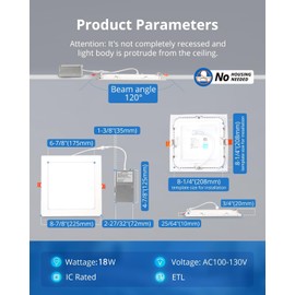Vtuik 8 Inch Square LED Recessed Ceiling Light, 18W Dimmable Canless Wafer Downlight, Damp-Rated for Bathroom Basement Kitchen, Ultra Thin with Junction Box, 1440LM 5CCT 2700K-5000K, 6 Pack