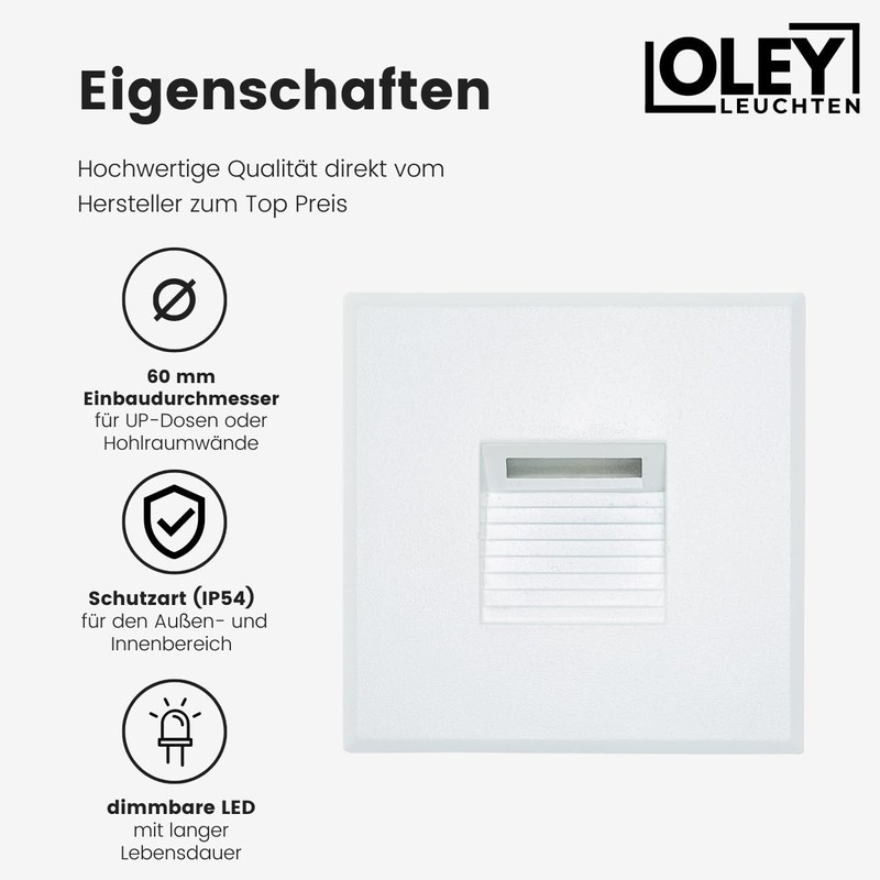 Oley Leuchten® Luma Stair Light, 230 V, Dimmable, IP54, Flush-Mounted
